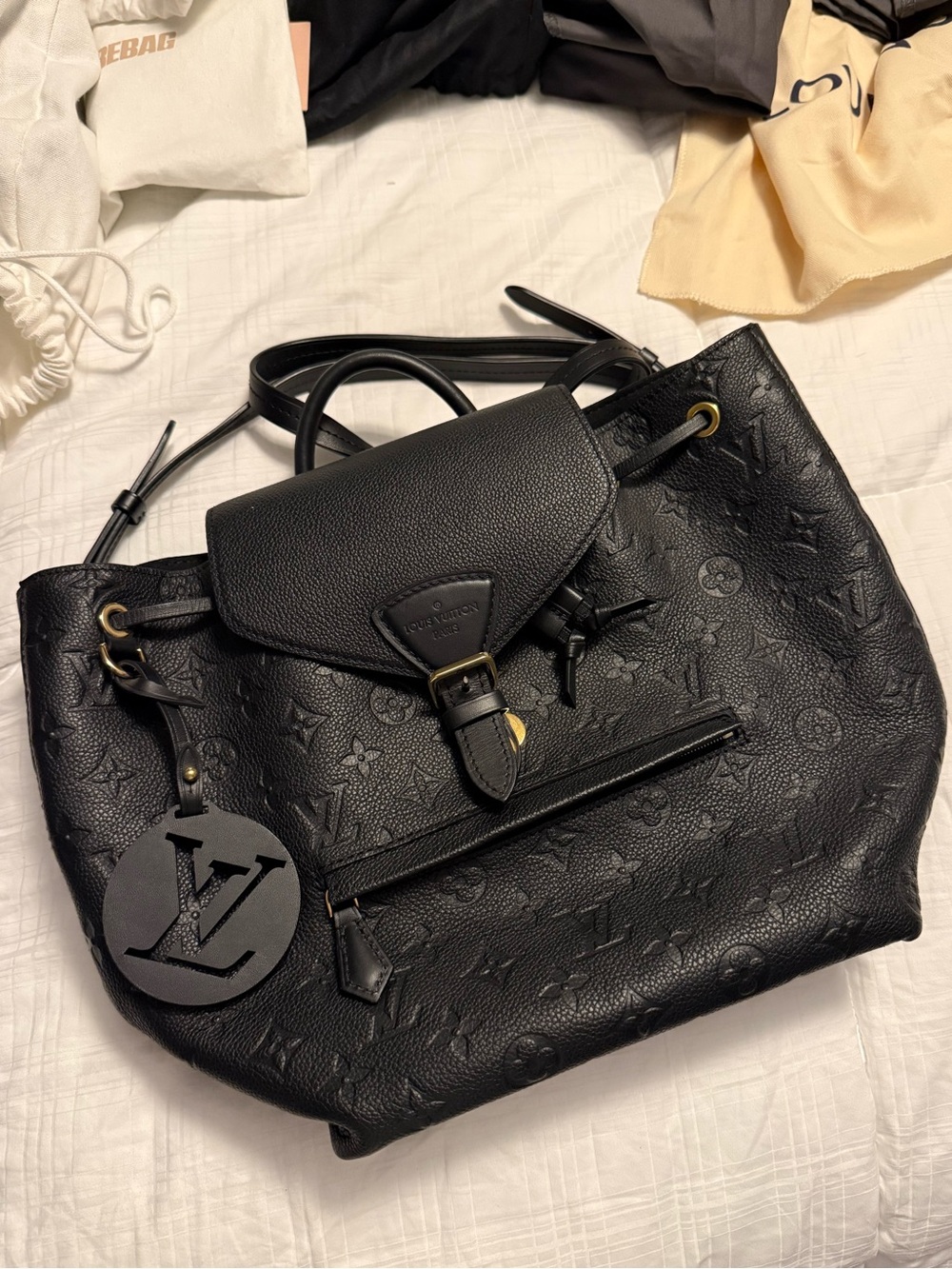 Louis Vuitton Montsouris PM Backpack- Black Monogram Empreinte Leather.